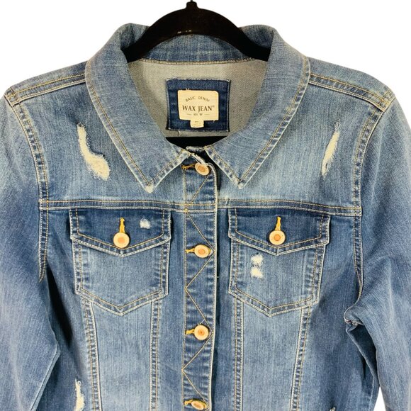 Distressed denim Jean Jacket women in med Wash Blue size medium WAX JEAN - Picture 10 of 16